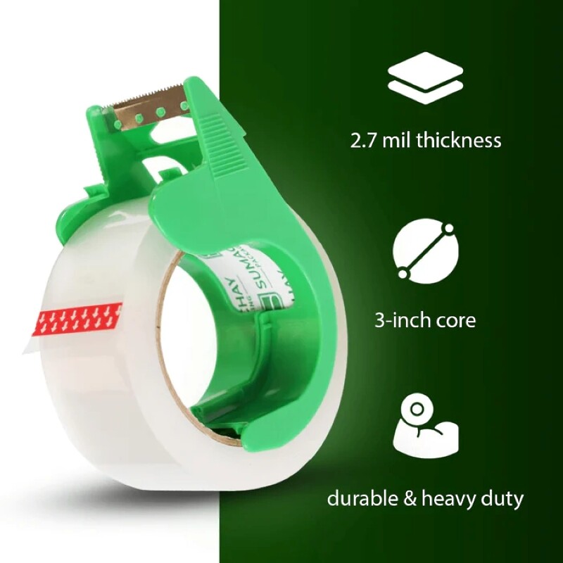 Heavy Duty Clear Packaging Tape with Cutter - 48mm x 100m, 2.7 mil Thick