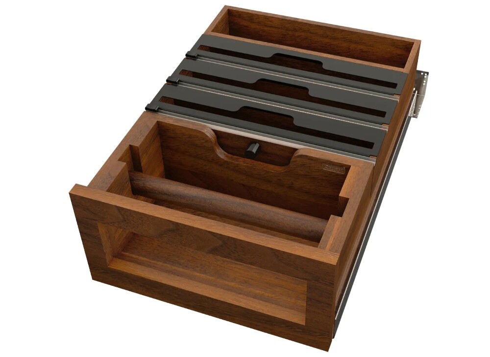 Walnut Wood Base Cabinet Paper Towel Tiered Drawer System w/ Foil Cutters and BLUM Soft-Close