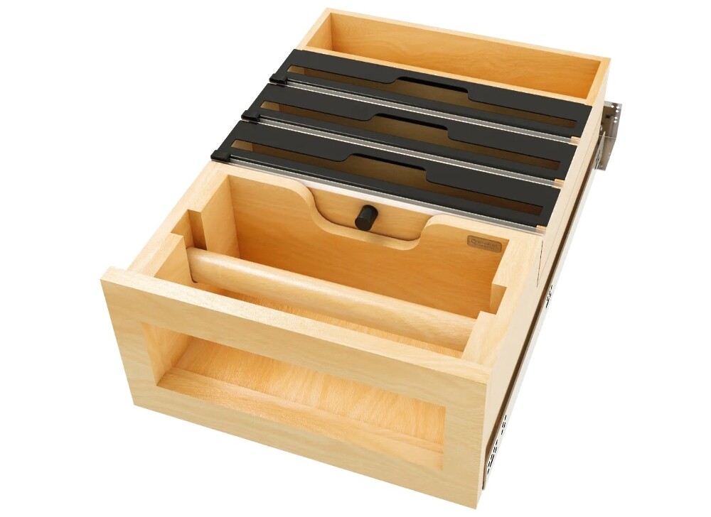 Wood Base Cabinet Paper Towel Tiered Drawer System w/ Foil Cutters and BLUM Soft-Close